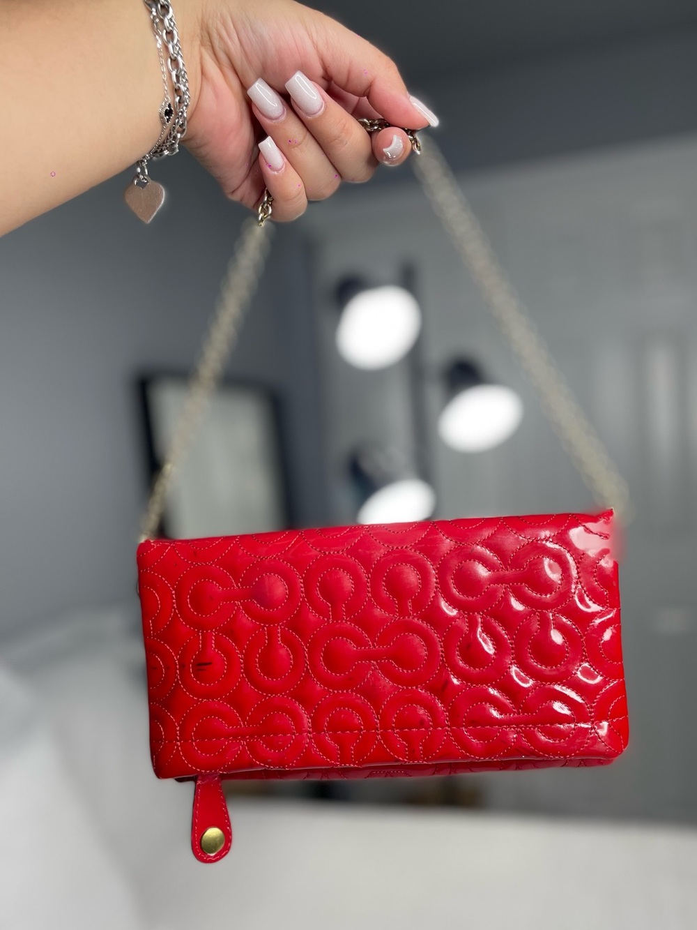 Coach Red Quilted Patent Wristlet with Chain Strap